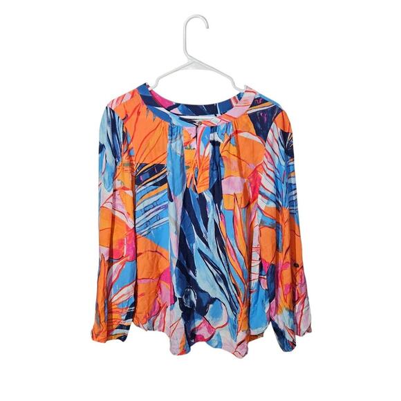 NIC+ZOE Tropical Mirage Top Allover Print Roll Tab Sleeve 100% EcoVero 1X Plus - Picture 3 of 8